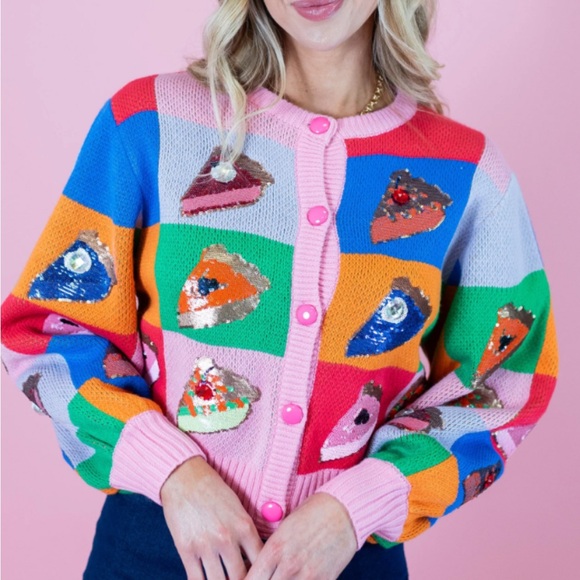 QUEEN OF SPARKLES Sweaters - Queen Of Sparkles Rainbow Colorblock Piece Of Pie Button Up Sweater - Size M